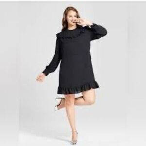 Who What Wear Women size Large Modest ruffles long sleeve above knee Black Dress